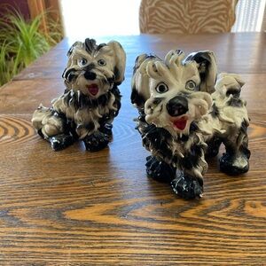 Ceramic Black & White Spaghetti Hair Dog Figurine Pair